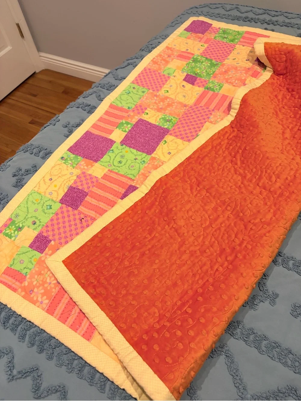 Handmade Patchwork Baby Quilt 36” x 46” Cotton & Minky Blanket